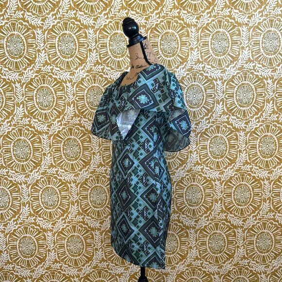 NWOT Baum Und Pferdgarten Alice Geo Print Off Shoulder Mini Dress Green/Blue M - Picture 12 of 15